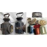 Pair of RAILWAY HANDLAMPS plus SPARE PARTS comprising 2 x 3-aspect, sliding-knob, GER-pattern lamps,