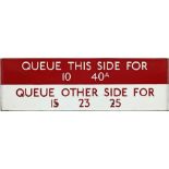 London Transport bus stop enamel Q-PLATE 'Queue this side for 10, 40A, Queue other side for 15,