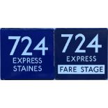 Pair of London Transport coach stop enamel E-PLATES for Green Line route 724 Express, the first