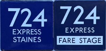 Pair of London Transport coach stop enamel E-PLATES for Green Line route 724 Express, the first