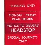 Selection (4) of London Transport bus stop enamel G-PLATES comprising Sundays Only, Monday-Friday