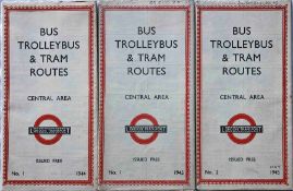 Selection (3) of London Transport wartime fold-out LISTS of Bus, Trolleybus & Tram Routes. Issues No