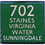 London Transport coach stop enamel E-PLATE for Green Line route 702 destinated Staines, Virginia