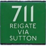 London Transport coach stop enamel E-PLATE for Green Line route 711 destinated Reigate via Sutton.