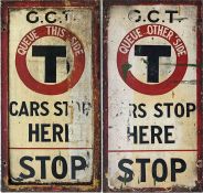 Glasgow Corporation Tramways TRAM STOP SIGN 'G C T - Cars stop here' with a prominent 'T' in a