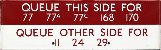 London Transport bus stop enamel Q-PLATE 'Queue this side for 77, 77A, 77C, 168, Queue other side