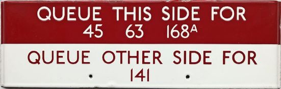 London Transport bus stop enamel Q-PLATE 'Queue this side for 45, 63, 168A, Queue other side for
