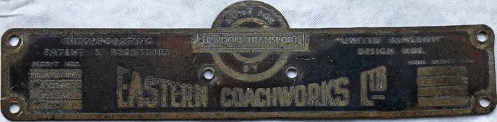 London Transport GS bus BODYBUILDER'S PLATE for Eastern Coach Works Ltd from one of the 84 GS-type