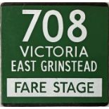 London Transport coach stop enamel E-PLATE for Green Line route 708 destinated Victoria, East