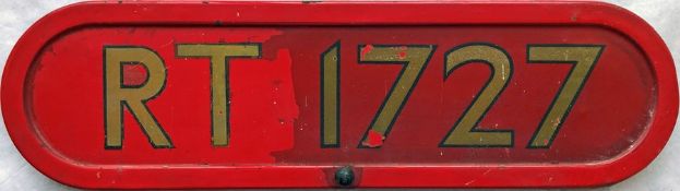 London Transport RT bus BONNET FLEETNUMBER PLATE from RT 1727. The original RT 1727 entered