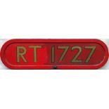 London Transport RT bus BONNET FLEETNUMBER PLATE from RT 1727. The original RT 1727 entered