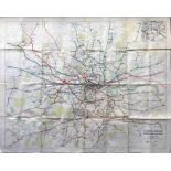 1947 quad-royal POSTER MAP 'London & Suburbs, Main Line Railways and connecting Underground Railways