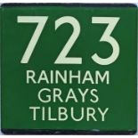 London Transport coach stop enamel E-PLATE for Green Line route 723 destinated Rainham, Grays,