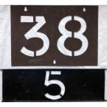 Pair of London Tram ROUTE NUMBER STENCIL PLATES, the first for all-night route 5 which ran from