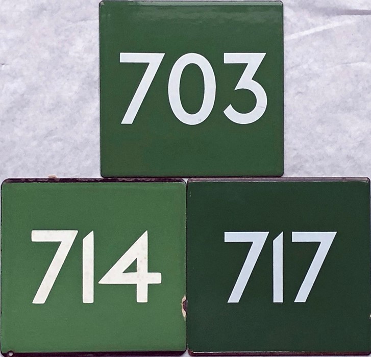 Selection (3) of London Transport coach stop enamel E-PLATES for Green Line routes 703, 714 & 717.