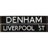 London Underground Standard Tube Stock enamel CAB DESTINATION PLATE for Denham / Liverpool St on the