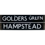 London Underground 1938-Tube Stock enamel CAB DESTINATION PLATE for Golders Green / Hampstead on the