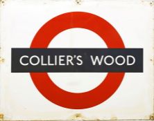 1950s/60s London Underground enamel PLATFORM BULLSEYE SIGN from Colliers Wood station on the