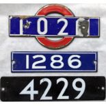 Selection (3) of London Underground car interior enamel stocknumber plates comprising 38-Stock