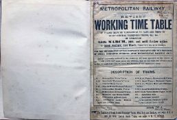 1899 Metropolitan Railway WORKING TIME TABLE in operation 15th March 1899 until further notice.