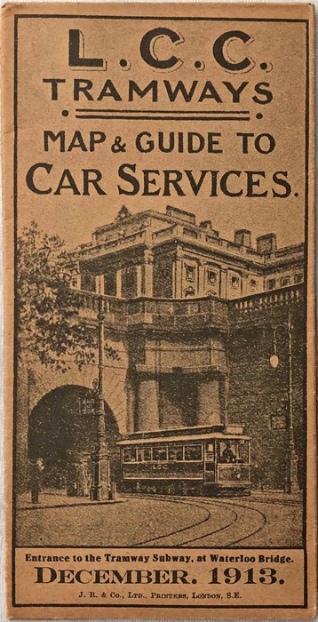 LCC Tramways POCKET MAP & GUIDE, December 1913 issue with a cover illustration of a single-deck