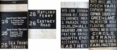 Pair of c1960s/70s Portsmouth Corporation bus DESTINATION BLINDS comprising a numbers/intermediate