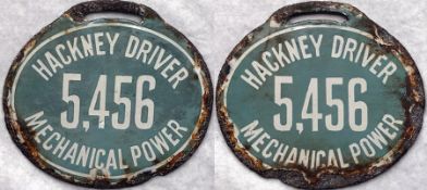 c1907 onwards London taxi driver's enamel LICENCE BADGE 'Hackney Driver 5456, Mechanical Power' as