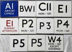 Selection (11) of London Transport bus stop enamel E-PLATES for letter-prefix routes A1 Airport