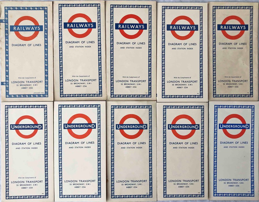 Selection (10) of 1953-59 London Underground diagrammatic, card POCKET MAPS, all Beck issues and