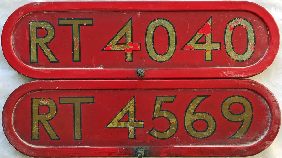 Pair of London Transport RT bus BONNET FLEETNUMBER PLATES, both from 'roofbox' buses. The first is