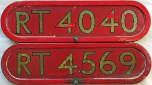 Pair of London Transport RT bus BONNET FLEETNUMBER PLATES, both from 'roofbox' buses. The first is