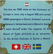 London Transport ENAMEL PLATE, a commemorative plaque marking the 1953 tour of Switzerland &