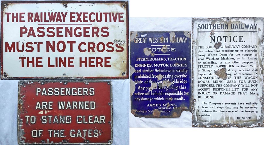 Selection (4 ) of RAILWAYS SIGNS comprising BR (S) 'Railway Executive - Passengers must not