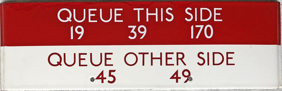 London Transport bus stop enamel Q-PLATE 'Queue this side for 19, 39, 170, Queue other side for