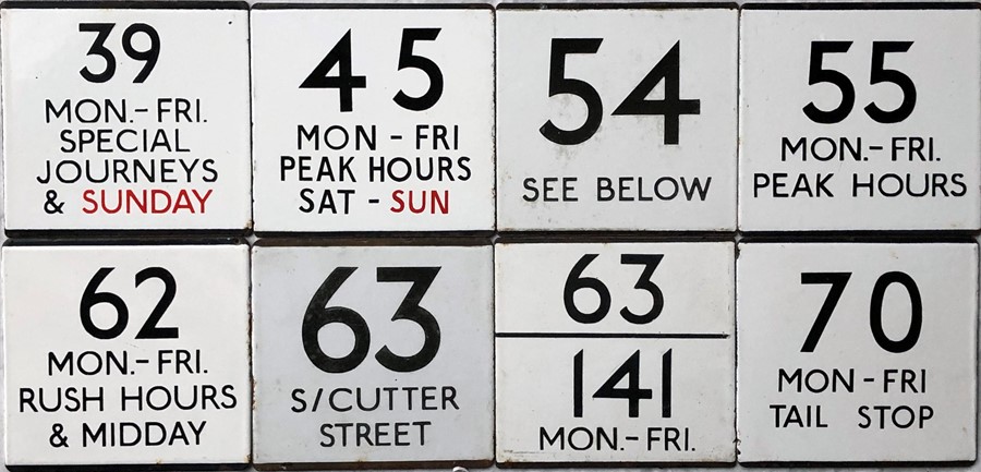 Selection (8) of London Transport bus stop enamel E-PLATES with some interesting wordings,