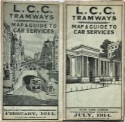 Pair of LCC Tramways POCKET MAPS comprising issues dated February 1914 and July 1914. Both in very