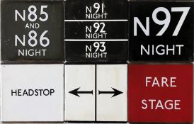 An assortment (6) of London Transport bus stop enamel E-PLATES comprising Night Routes N85 & N86,