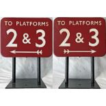 British Railways (Midland Region) small, double-sided enamel PLATFORM SIGN 'To Platforms 2 & 3' with