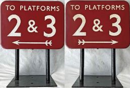 British Railways (Midland Region) small, double-sided enamel PLATFORM SIGN 'To Platforms 2 & 3' with