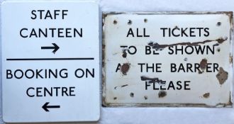 Pair of London Underground ENAMEL SIGNS comprising a flanged sign 'Staff Canteen, Booking On Centre'