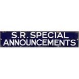 Southern Railway enamel poster-board HEADER PLATE 'SR Special Announcements'. White lettering on a