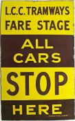 LCC Tramways ENAMEL STOP FLAG 'LCC Tramways - Fare Stage - All Cars Stop Here'. Made by Franco