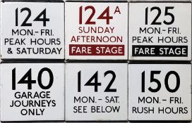 Selection (6) of London Transport bus stop enamel E-PLATES comprising routes 124 Mon-Fri Peak