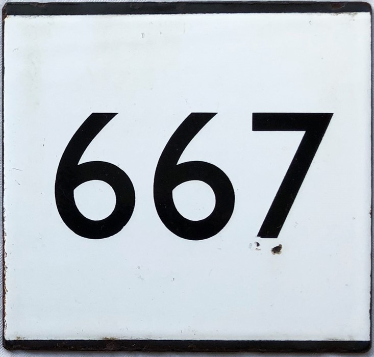 London Transport bus stop enamel E-PLATE for trolleybus route 667 which ran between Hampton Court