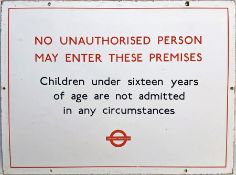 London Transport enamel BUS GARAGE SIGN 'No unauthorised person may enter.....Children under 16....'