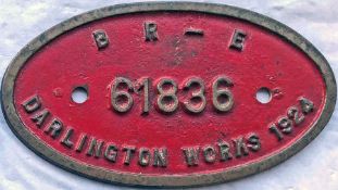 Cast-brass LOCOMOTIVE WORKSPLATE 'BR - E, 61836, Darlington Works, 1924' from ex-LNER Gresley K3 2-