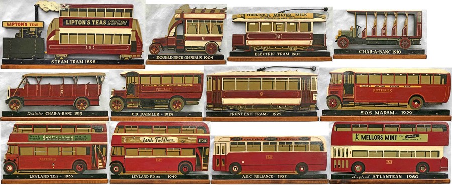 Set of 12 carved & hand-painted wooden IMAGES of Potteries Electric/Motor Traction trams and buses