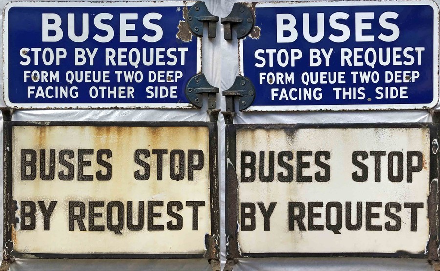 Pair of double-sided, enamel BUS STOP FLAGS, the first reads 'Buses stop by request, form queue