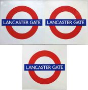 Trio of London Underground PLATFORM ROUNDEL SIGNS from Lancaster Gate station on the Central Line.