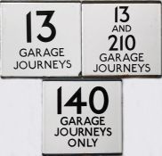 Selection (3) of London Transport bus stop enamel E-PLATES, all in respect of garage journeys and